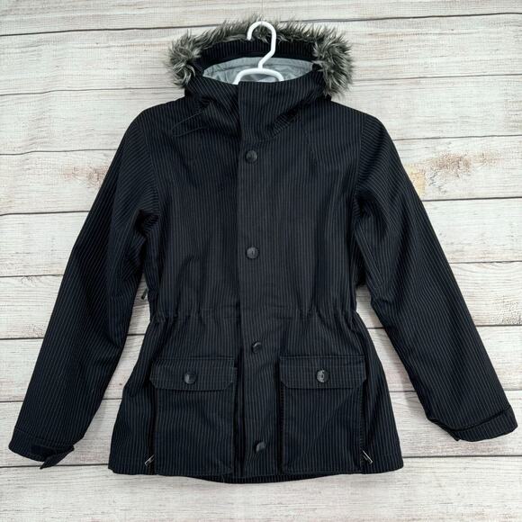 Bonfire Aura Pinstriped Faux Fur‎ Trim Snowboard Jacket Women's Size L Black - Picture 1 of 16